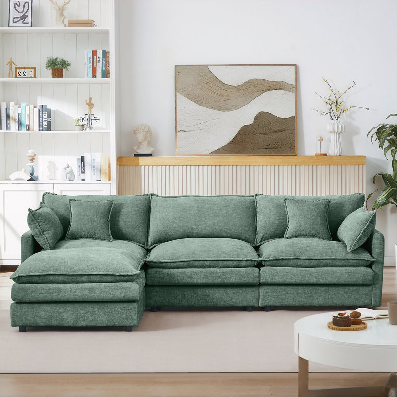 3-Seater Comfy Cloud Couches with Movable Ottoman, Mint Green
