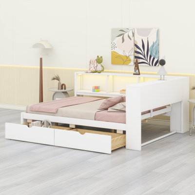 Modern Wood Daybed with Built-in Shelves, USB Charging, LED Lights and 2 Storage Drawers