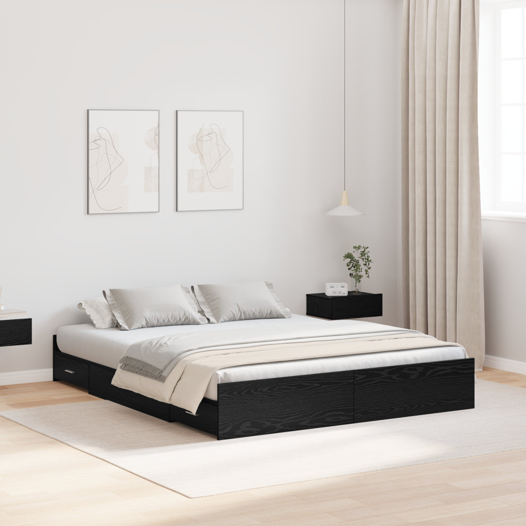 Storage Bed Frame With Drawer With Headboard With Storage Black Oak 150 X 200 Cm