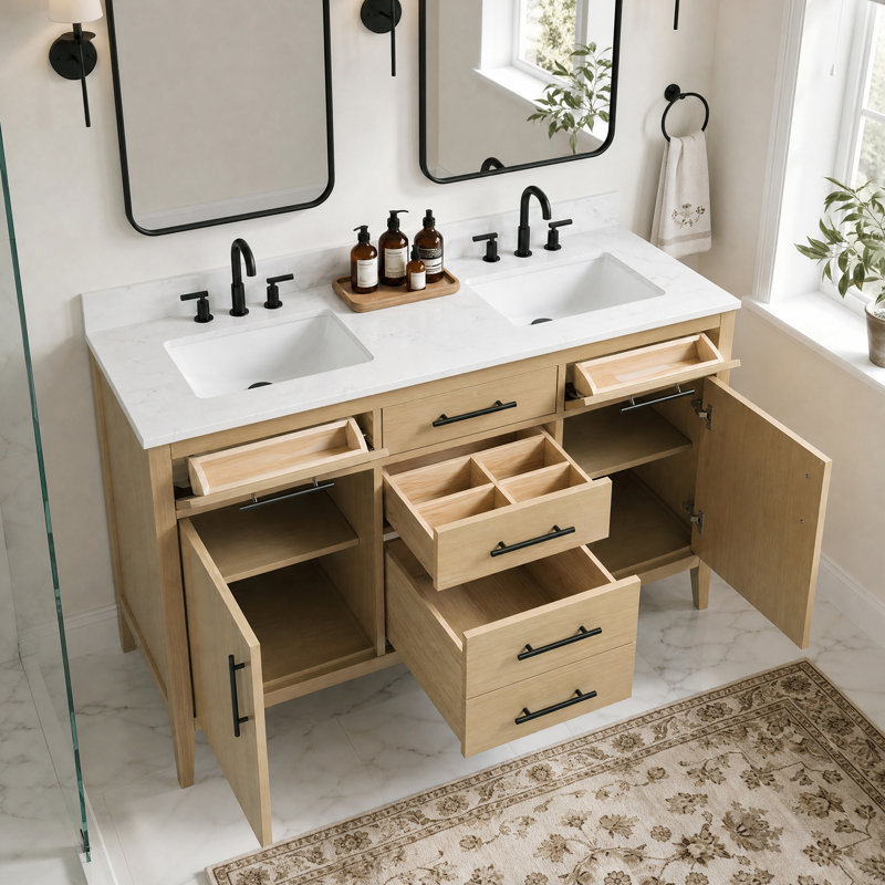 Meuble-lavabo autoportant de 55 po avec comptoir en céramique et dosseret, Chêne