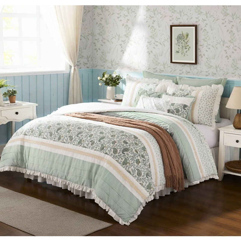 9 pièces pour chambre à coucher en coton pour grand lit - décor avec textiles imprimés et literie aube, Turquoise