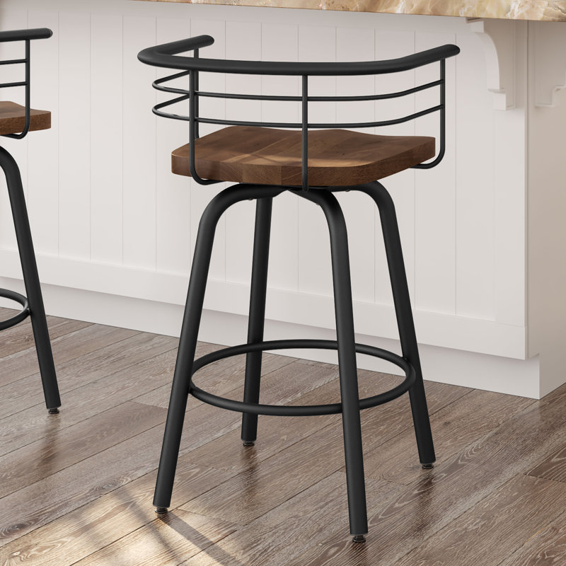 Friedell Solid Wood Swivel Counter & Bar Stool, Brown Wood, Textured Black Metal, Counter Stool (26" Seat Height)
