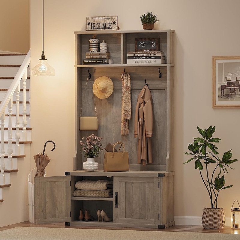 Très grand arbre d'entrée 40 "avec banc et rangement pour chaussures, tablettes réglables et compartiment à bottes, 5 portemanteaux