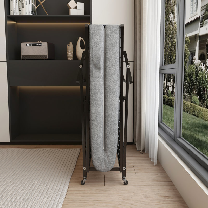 Base de lit pliante en métal durable avec matelas en mousse haute densité, rangement facile et mobile avec 4 roulettes