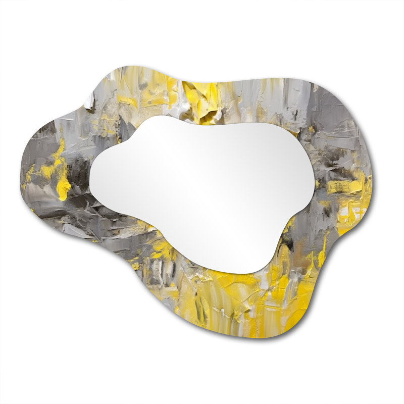 Intense Reverberations Yellow Gray - Abstract Painting Cloud Large Wall Mirror, Yellow Asymmetrical Decorative Mirror, Printed Metal Art