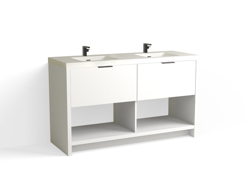 Vista 60" W Freestanding Double Bathroom Vanity, White Nanomatte/Matte Black, White Gloss, Single-Hole