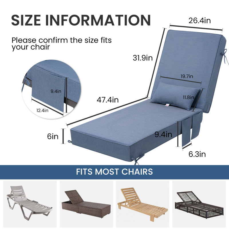 26.5'' W x 80'' D x 6'' H Sunbrella Outdoor Chaise Lounge Seat / Back Cushion with Pillow and Pocket, 1, Blue