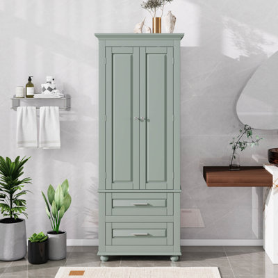 Tall Storage Cabinet With Two Drawers For Bathroom Or Office, Adjustable Shelves, MDF Material