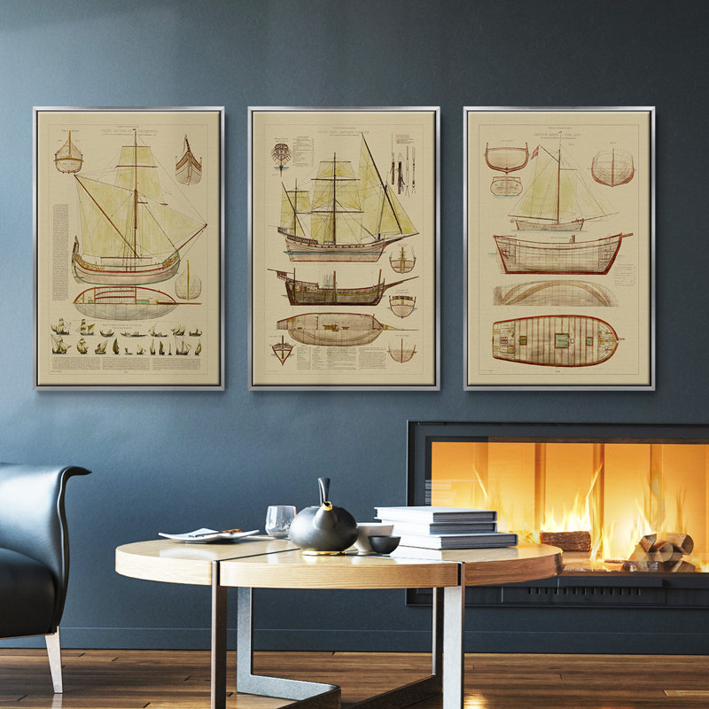 Antique Ship Plan I 3 pièces, H 27 po x l 54 po, Argent