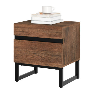 Aadam Modern End Table With 2 Drawers, Farmhouse Sofa Table, Wooden Rustic Side Sofa Table With Metal Leg For Living Room, Nighstand For Bedroom