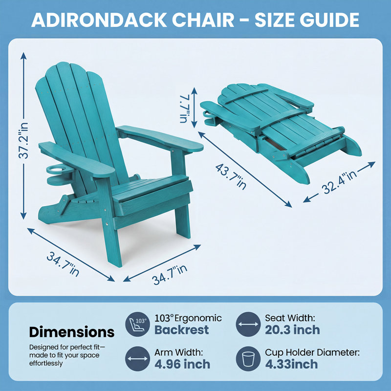  Chaise de patio pliante en plastique Adirondack avec porte-gobelet, Hips toutes saisons - Aruba, Bleu