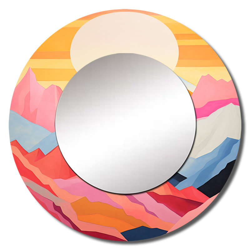 Montagnes Sunrise Realms II - miroir de montagnes, miroir mural décoratif rond traditionnel, impression d'art en métal
