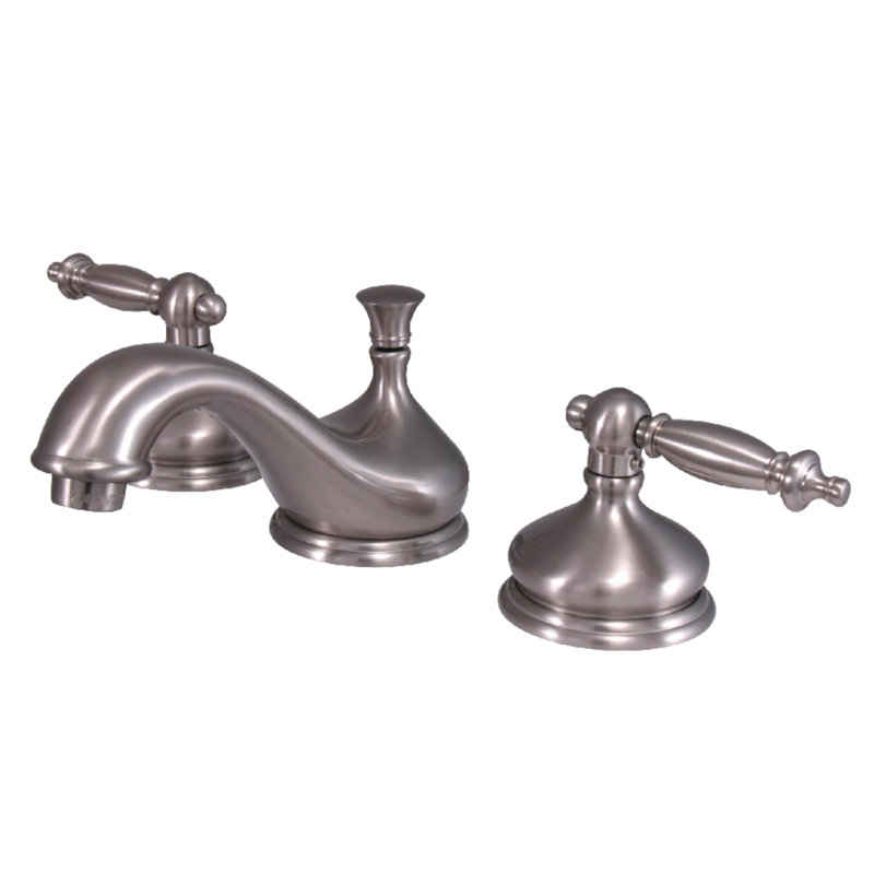 Kingston Brass Heritage Two-Handle 3-Hole Deck Mount Widespread Bathroom Faucet with Brass Pop-Up Drain, Brushed Nickel