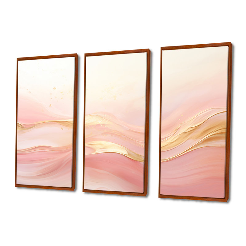 Or et rose, vague douce Fusion II - formes abstraites, ensemble d'art mural, H 28 po x l 36 po x P 1 po, Cadre flottant brun