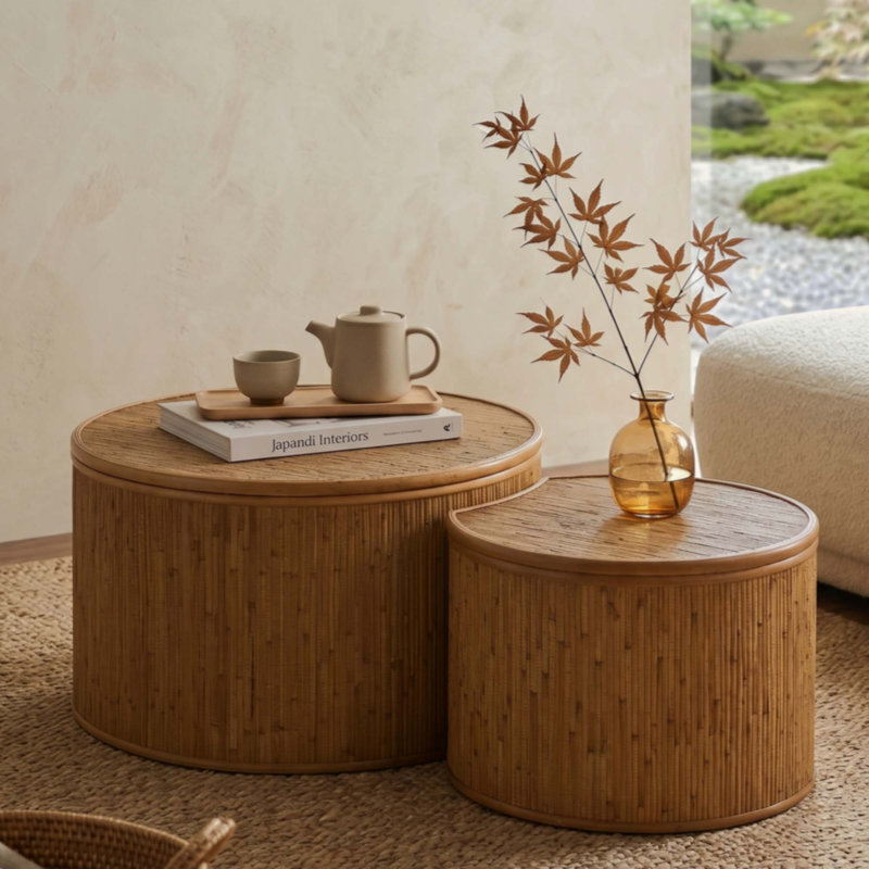 Table basse vintage en rotin incrusté avec rangement intégré, idéale pour la salle à manger, la cuisine et le salon (paquet de 2).