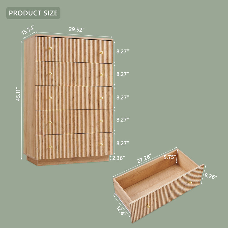 Aberdeen Fluted 5-Drawer Dresser, 45" Tall Dresser Storage Organizer, Chest of Drawers with Deep Storage, Modern Bedroom Chest for Closet Hallway, Entryway, Living Room, Natural