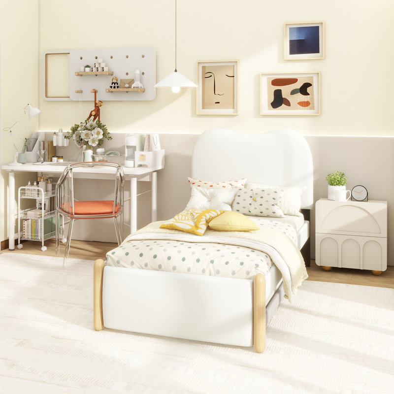 Lit plateforme tapissier avec pieds de support en bois et lit gigogne simple, Simple, Blanc
