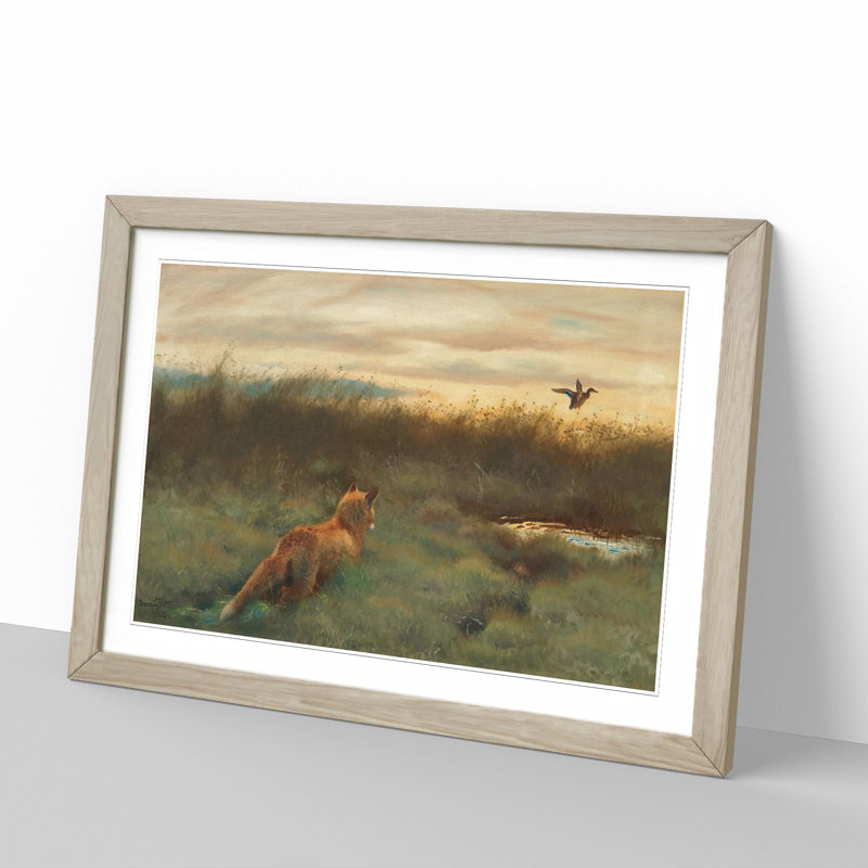 Fox and Duck by Bruno Liljefors - Picture Frame Painting, Oak Framed, 27cm H x 36cm W x 2cm D