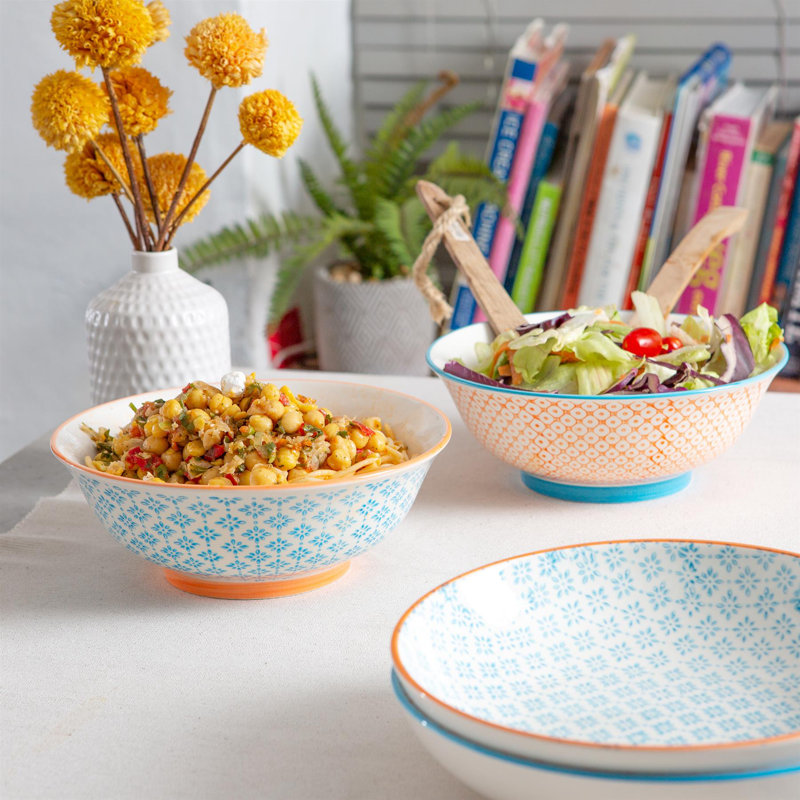 Nicola Spring - Hand-Printed Serving Bowls - 21.5cm - Orange/Blue - Pack of 2
