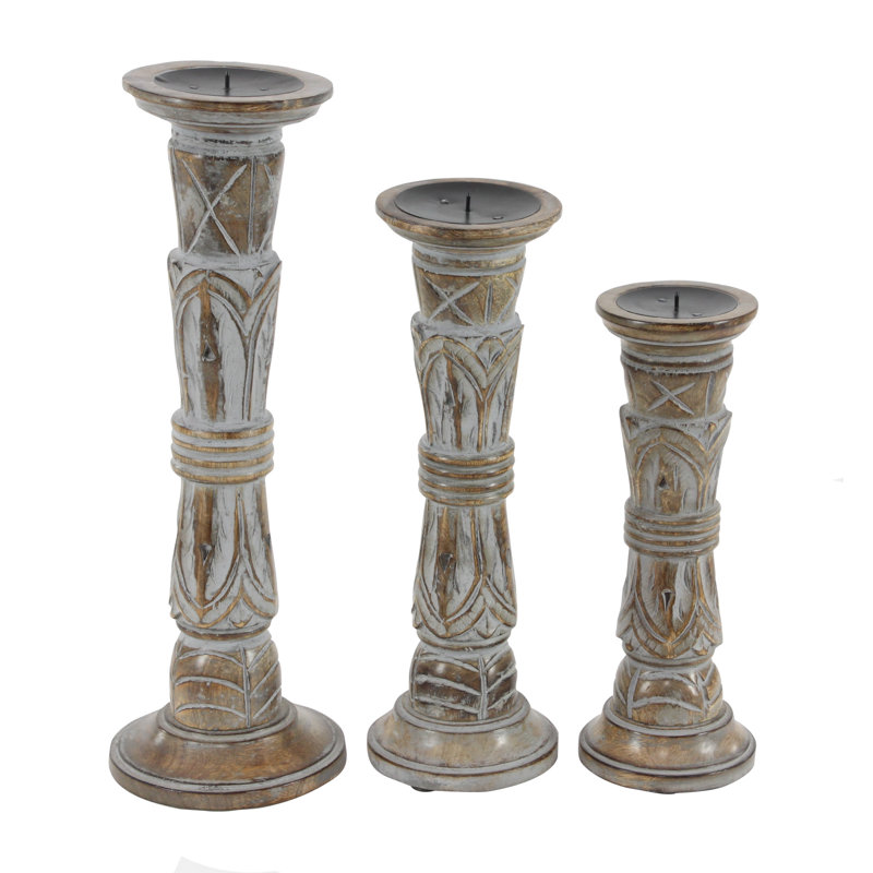 Light Brown Mango Wood Pillar Candle Holders, Set of 3