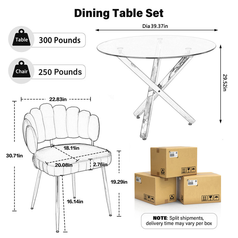 Ensemble de salle à manger rond en verre pour 4-6, Noir, 5 pièces: table, 4 chaises, H 29,95 po x L 39,37 po x l 39,37 po