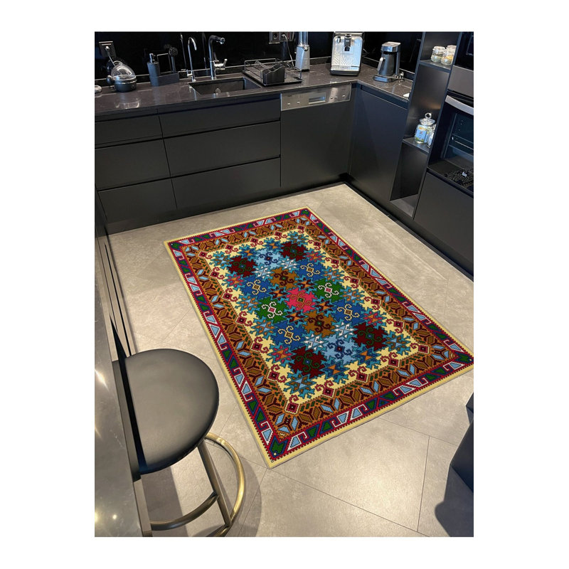 Tapis décoratif traditionnel bleu lavable à la machine