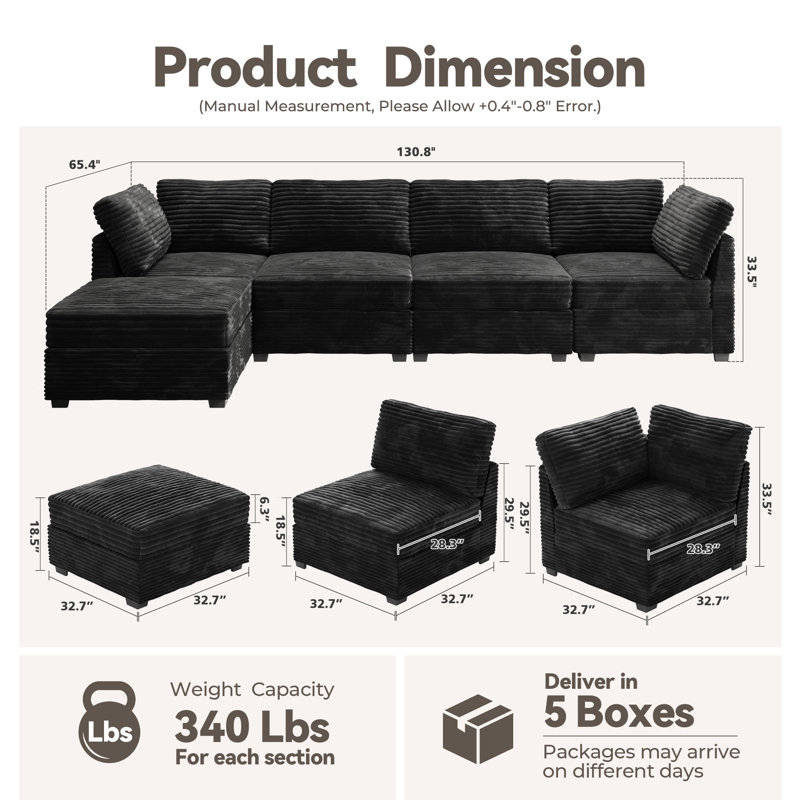 Cloudelle 5 - Piece Corduroy Fabric Sectional, Black Corduroy