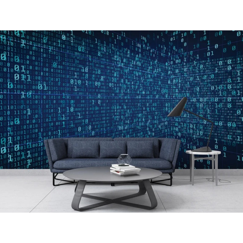 Murale numérique code binaire - flux de données Cyber Technology en bleu sarcelle et bleu marine, 105.96" L x 138" W