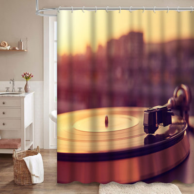 Turntable Vinyl Record Player Sunset City Shower Curtain with 12 Hooks