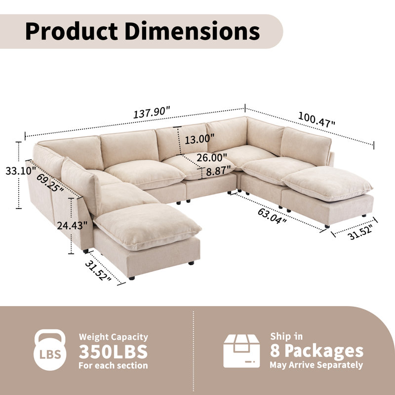 Canapé modulaire surdimensionné Heffernan, Chenille beige, H 33,10 po x l 137,90 po x P 100,86 po