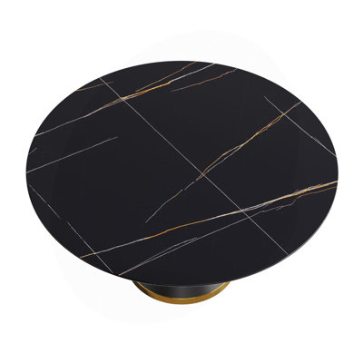 59.05"Modern Artificial Stone Round Black Carbon Steel Base Dining Table-Can Accommodate 6-8 People