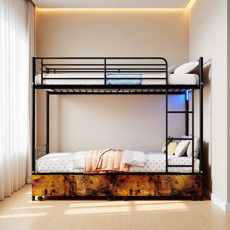 Bunk Bed With USB Charging Station, Able To Split, Metal Bunk Bed, Storage Space, Bed With Safety Guardrail & Ladders, No Box Spring Needed
