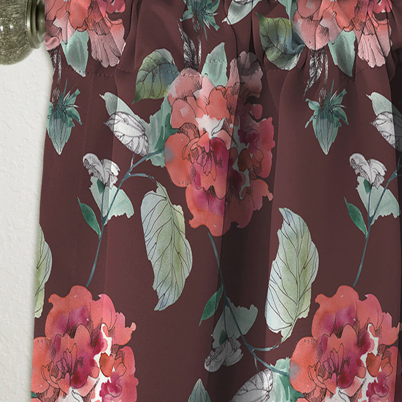 Panneau de rideau floral, rose rouge occultant - Rose rouge en brun, L 52 po x L 63 po