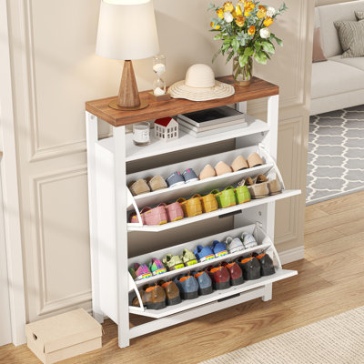 Armoire de rangement pour chaussures avec 2 tiroirs rabattables, organisateur de chaussures de ferme 4 pneus avec étagère de rangement ouverte et porte de grange, étagère à chaussures étroite et réglable autoportante pour le vestibule, blanc