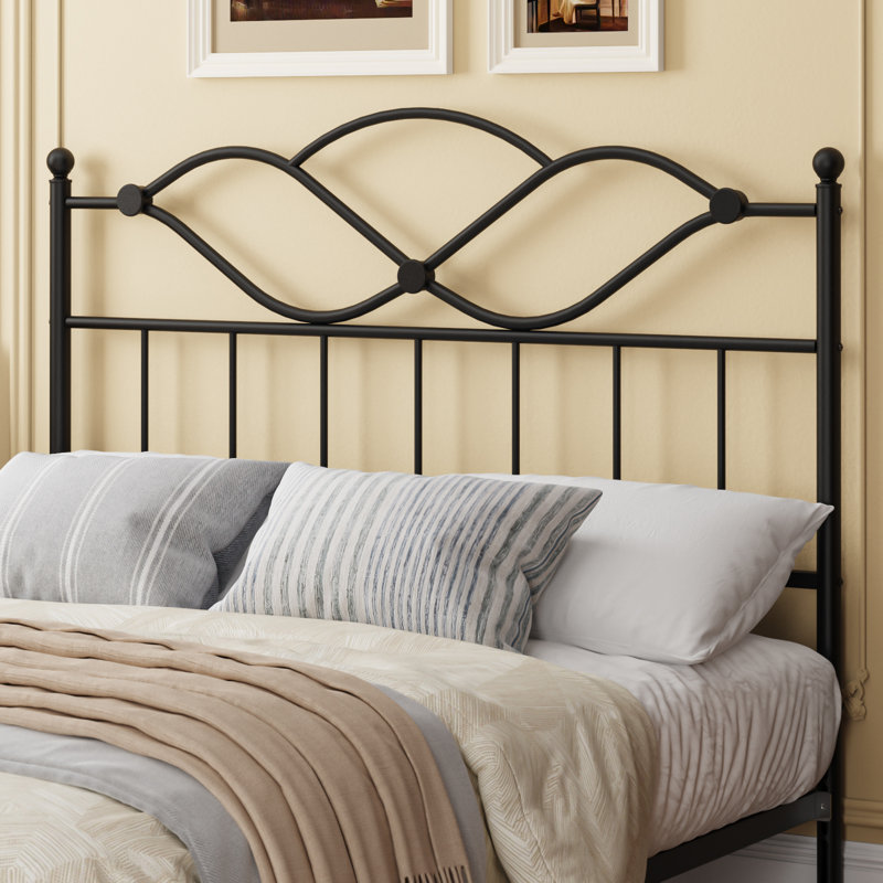 Modern Retro Double Heart Metal Headboard with Decorative Hollow Bed Head with Vintage Ball Details, Black