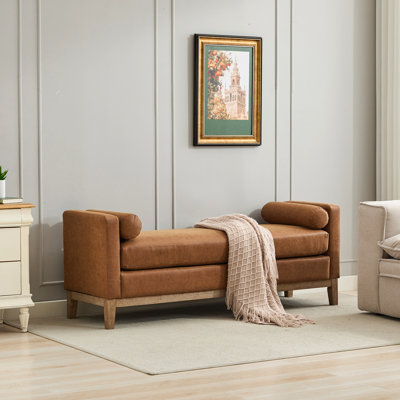 66.34"W Upholstered End Of Bed Bench With Weathered Finish Wood Frame, Daybed, Footrest Stool Ottoman With Arms & Wood Legs & 2 Bolsters For Bedroom, Window, Living Room, Entryway, Hallway