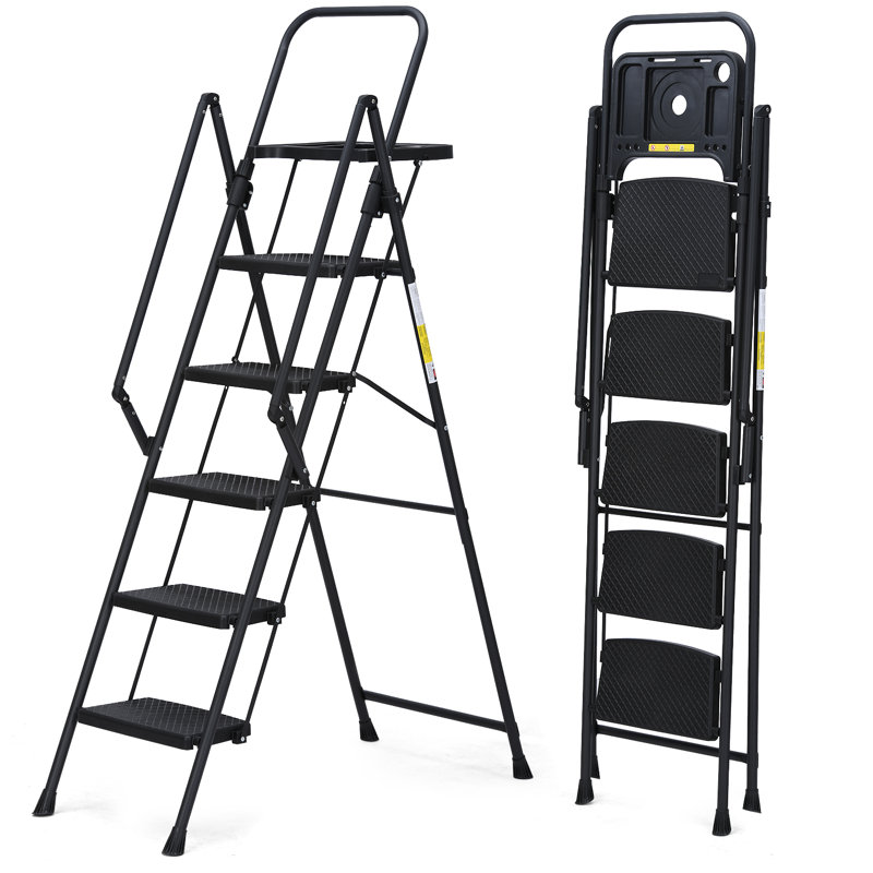 Échelle à 5 marches, escabeau pliable avec plateau à outils amovible et larges pédales antidérapantes, échelle en acier robuste, mains courantes pratiques, escabeau portatif léger, 21,16 lb, pour une utilisation à l'intérieur comme à l'extérieu