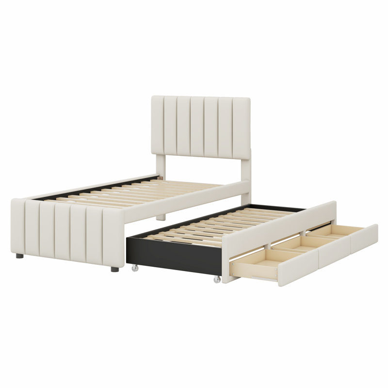 Lit plateforme tapissier avec lit gigogne et 3 tiroirs, Beige