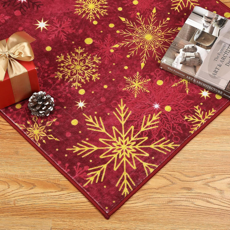  Red Christmas Runner Rug with Snowflake Pattern – Non Slip Low Pile Hallway and Kitchen Floor Carpet, Festive Holiday Decor