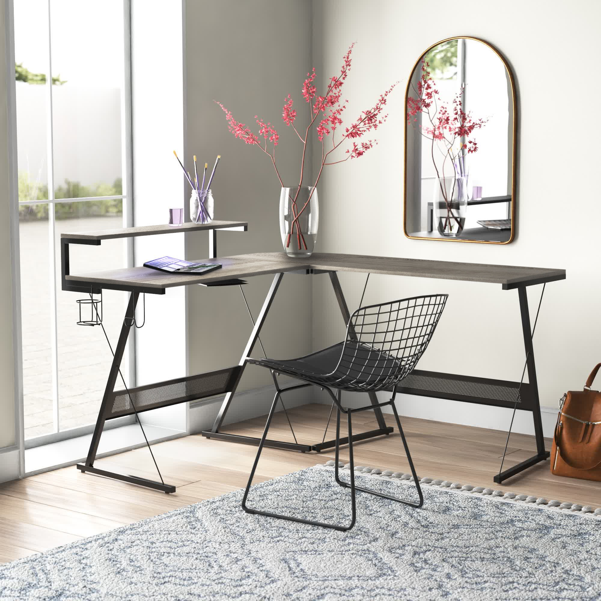 Fortson 95.2 L Shaped Desk with Shelves, Reversible Corner Computer Desk or 2 Person Long Table 17 Stories Color (Top): Oak