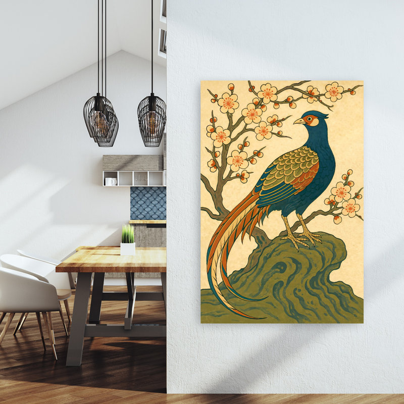 Art mural bleu, faisan bleu et fleurs, H 60 po x l 40 po