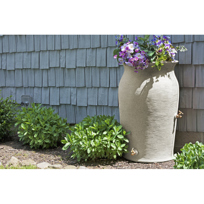 Sandstone Plastic Rain Barrel with Planter Top