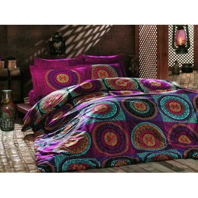 Luxurious Ranforce Quilt Cover Set, 79 x 87, 100% Cotton, Fuchsia, Turquoise, Yellow & Orange | 145 Thread Count, Machine Washable, Envelope & Button Closure | Soft, Vibrant Colors for Stylish Bedrooms