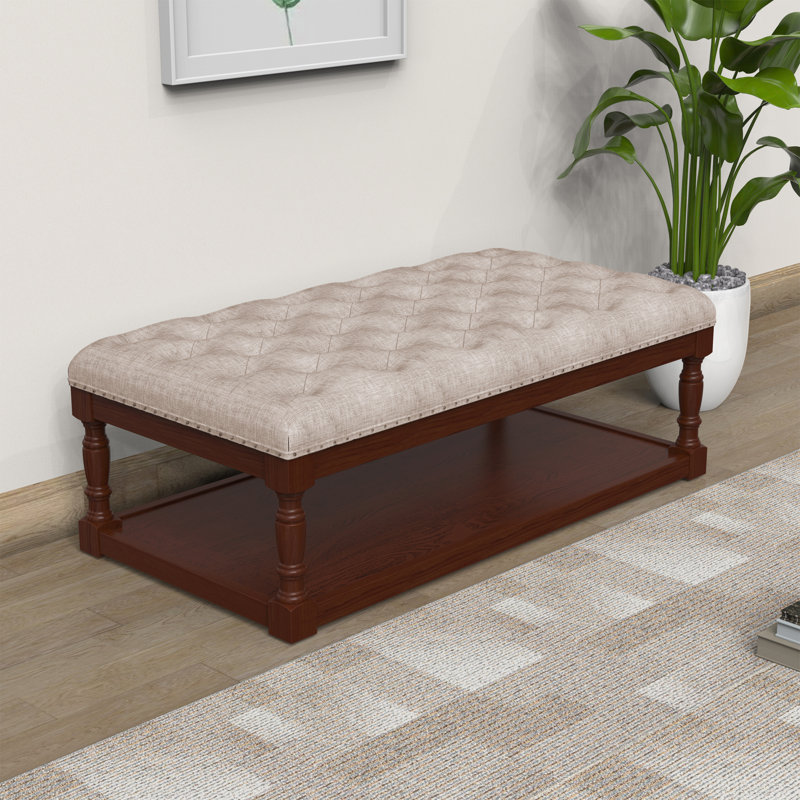 Natural Linen Tufted Cocktail Ottoman with Brown Wooden Frame