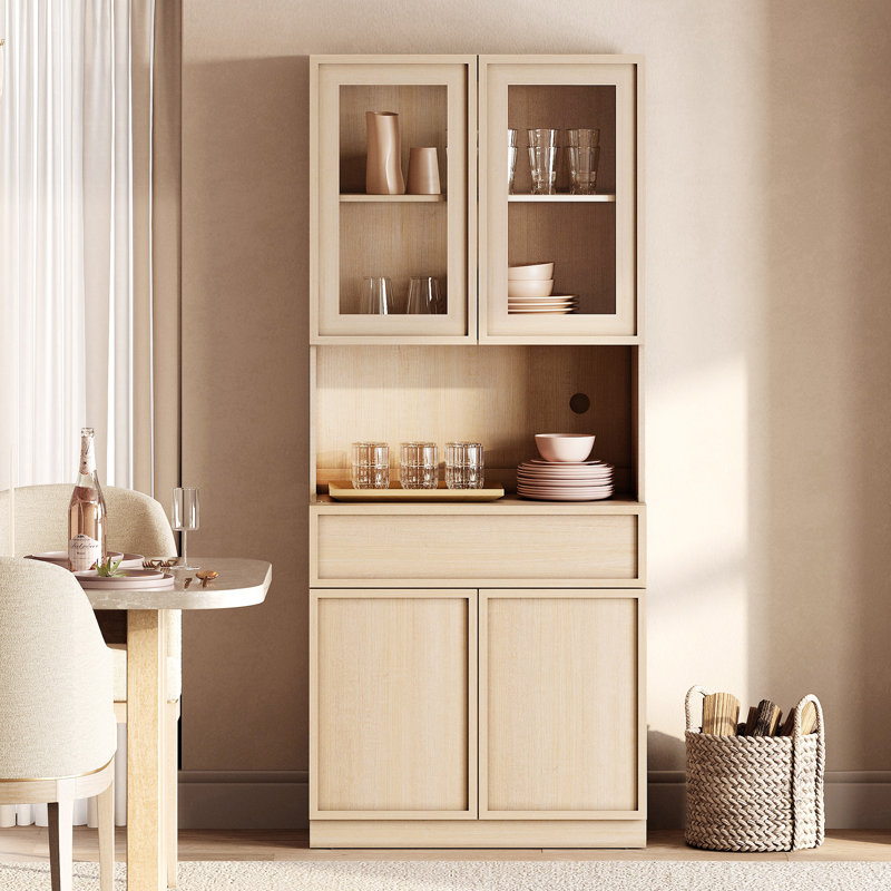 Buffet de 31,5 po de largeur avec portes en verre, tiroirs et tablettes réglables, armoire de rangement en verre de 72 po de hauteur pour la cuisine de la salle à manger
