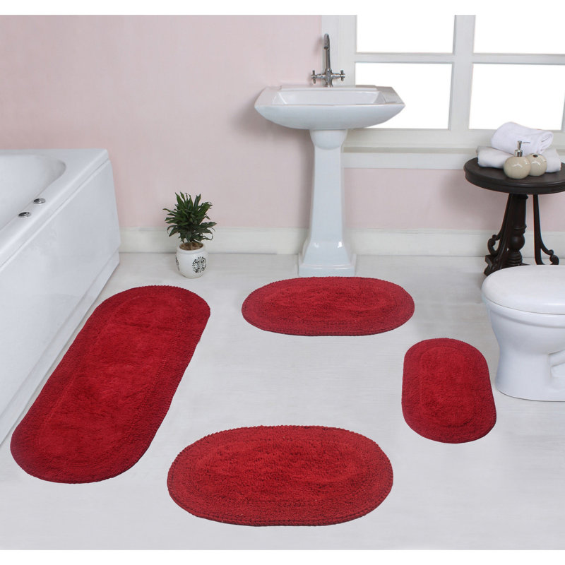 Eveland Runner 100% Cotton Non-Slip 4 Piece Bath Rug Set, Red