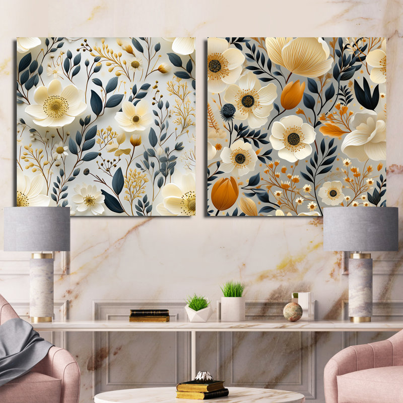 Lylia - Ensemble de 2 collages floraux carrés, Toile tendue, H 16 po x l 33 po