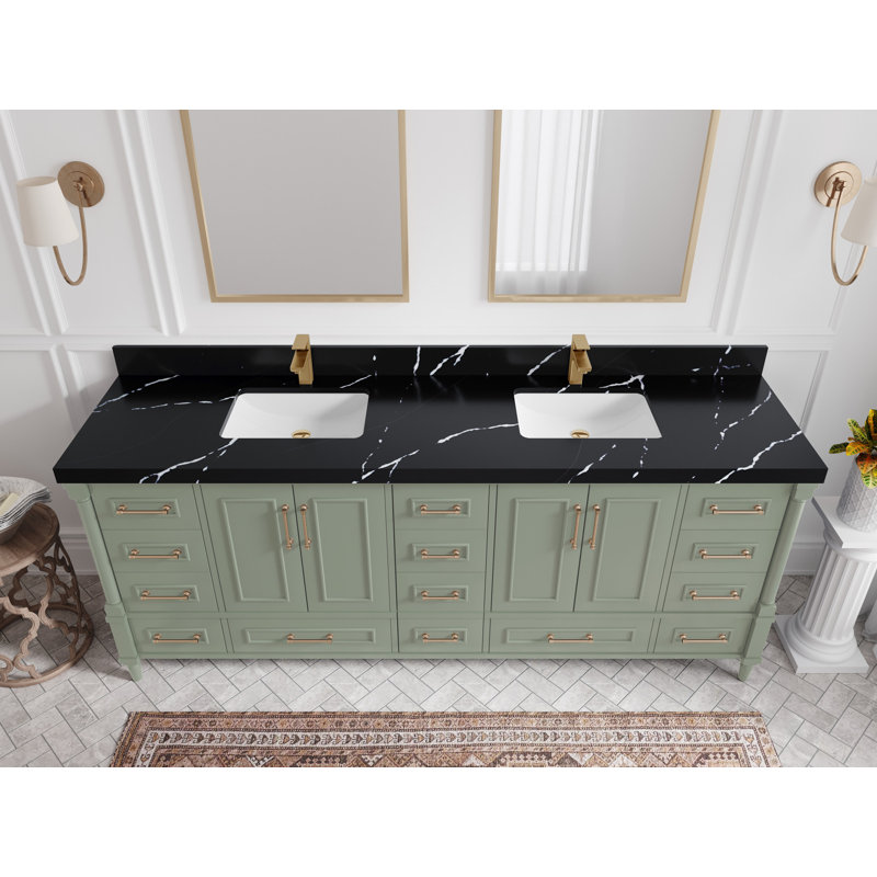 Ensemble de meuble-lavabo double 84 po Aberdeen, Quartz noir Calacatta, À feuilles persistantes