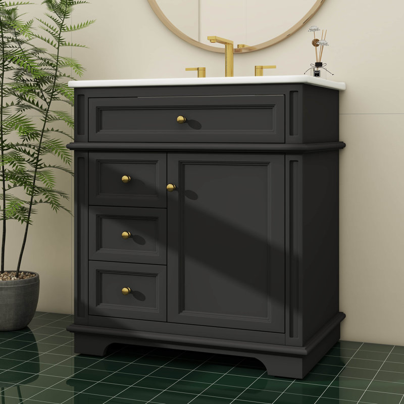 Meuble-lavabo pratique de 30 po avec lavabo, tiroir à trois tiroirs et support de porte, Noir