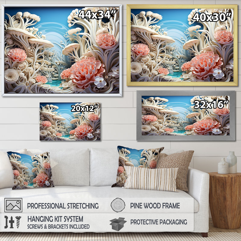 «Coral Sea Anemon Collage», art mural sur toile plage et océan, Cadre doré simple, H 16 po x l 32 po x P 1 po